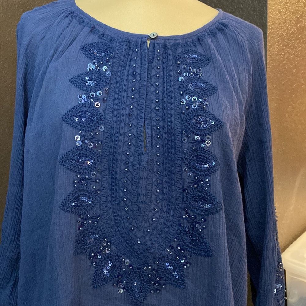 Tommy Bahama navy blue boho embroidered beaded 3/4 sleeve cotton gauze tunic top - Picture 2 of 8